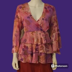 OH! MAMMA Floral Chiffon Ruffle Tie Back Flare Sleeve Fairycore Castlecore Top